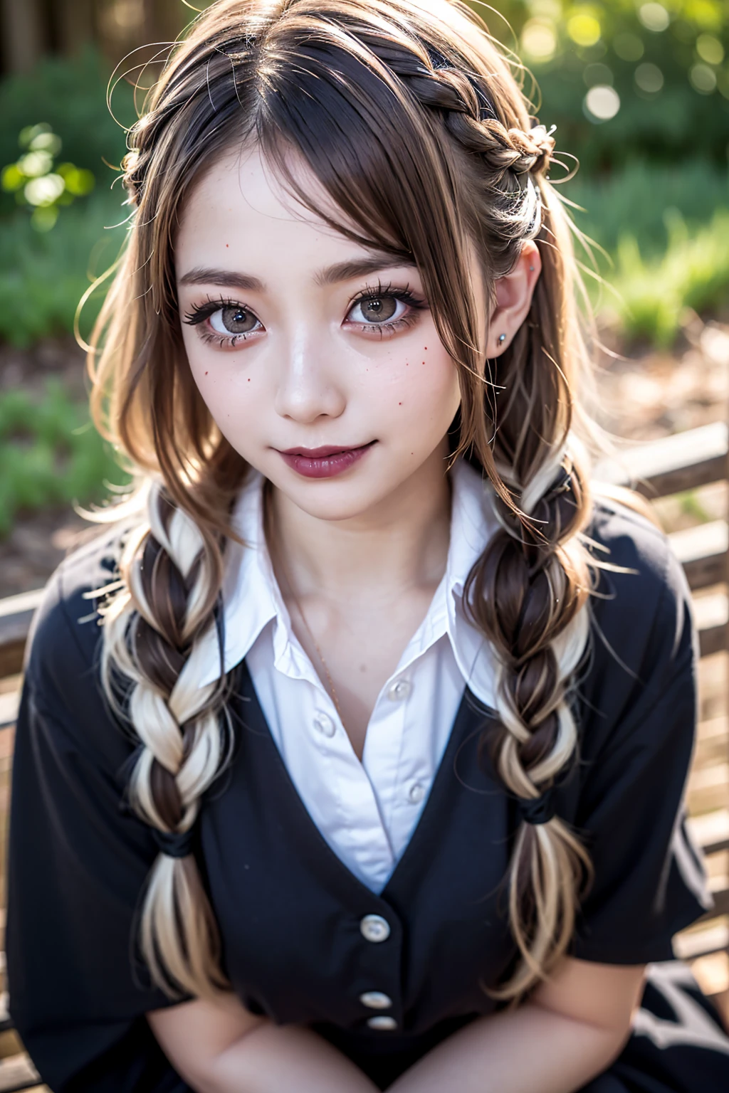 Realistic, masterpiece, Highest quality, Highest Resolution, High Detail, Soft Light, Professional Lighting, Backlight, Film Grain, The background is blurred, Japanese , (The subject was photographed from above at an angle, The subject does not look at the camera:1.3), 16 years old, Upper body photo, Looks sleepy, inattention, Grinning, Open your mouth, Beautiful and detailed eye drawing, (Droopy eyes:1.3), Dark Eyes, Thin eyebrows, Draw eyelashes carefully, Eyelash extensions, Gal Makeup, Orange Cheek, (White brown wavy hair, Long Hair, Braid, middle part:1.3), (Hidden eyelid wrinkles:1.3), (Gothic summer school uniform:1.3), (Summer forest:1.3)