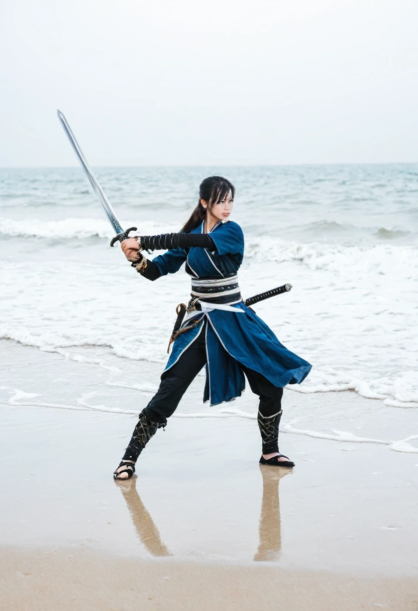 Swordsman woman on the beach