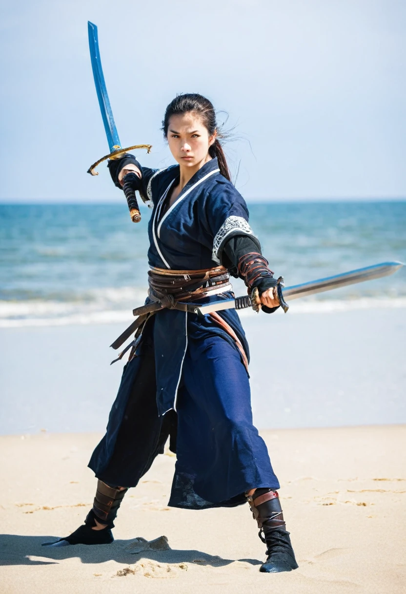 Swordsman woman on the beach