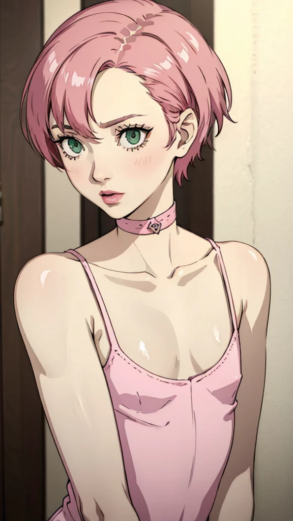 1 femboy, green eyes, very Short hair, pink choker, lipstick, Shy, pink hair , tomboy Pixie haircut, femboy hooters, face portrait , flat chest,