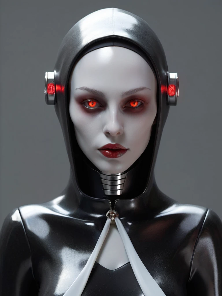 ral-opal, meahophontron, full body, woman robot face, devil nun, negro, looking at camera, body nun clothes, red eyes, primer plano looking at camera, realist, beautifull woman, sexy face, black clothes, gray and red.