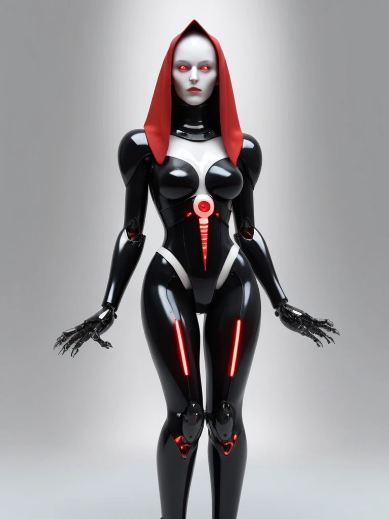 ral-opal, meahophontron, full body, woman robot face, devil nun, negro, looking at camera, body nun clothes, red eyes, primer plano looking at camera, realist, beautifull woman, sexy face, black clothes, gray and red.