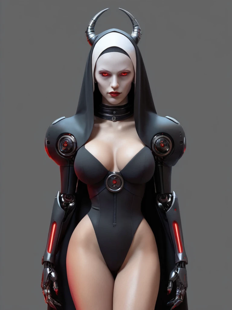 ral-opal, meahophontron, full body, woman robot face, devil nun, negro, looking at camera, body nun clothes, red eyes, primer plano looking at camera, realist, beautifull woman, sexy face, black clothes, gray and red.