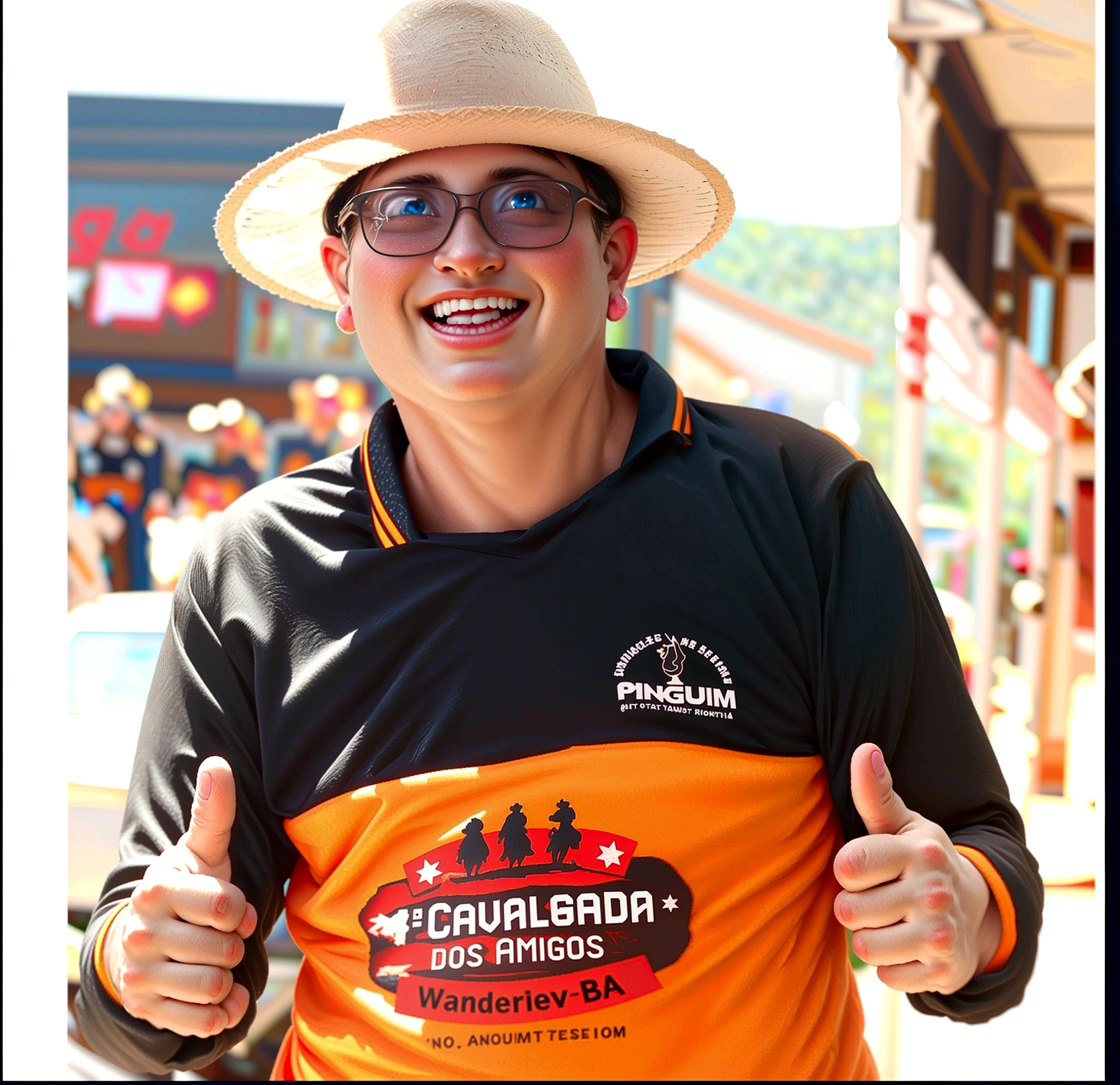 Home smiling, giving thumbs up sign with straw hat and glasses. 