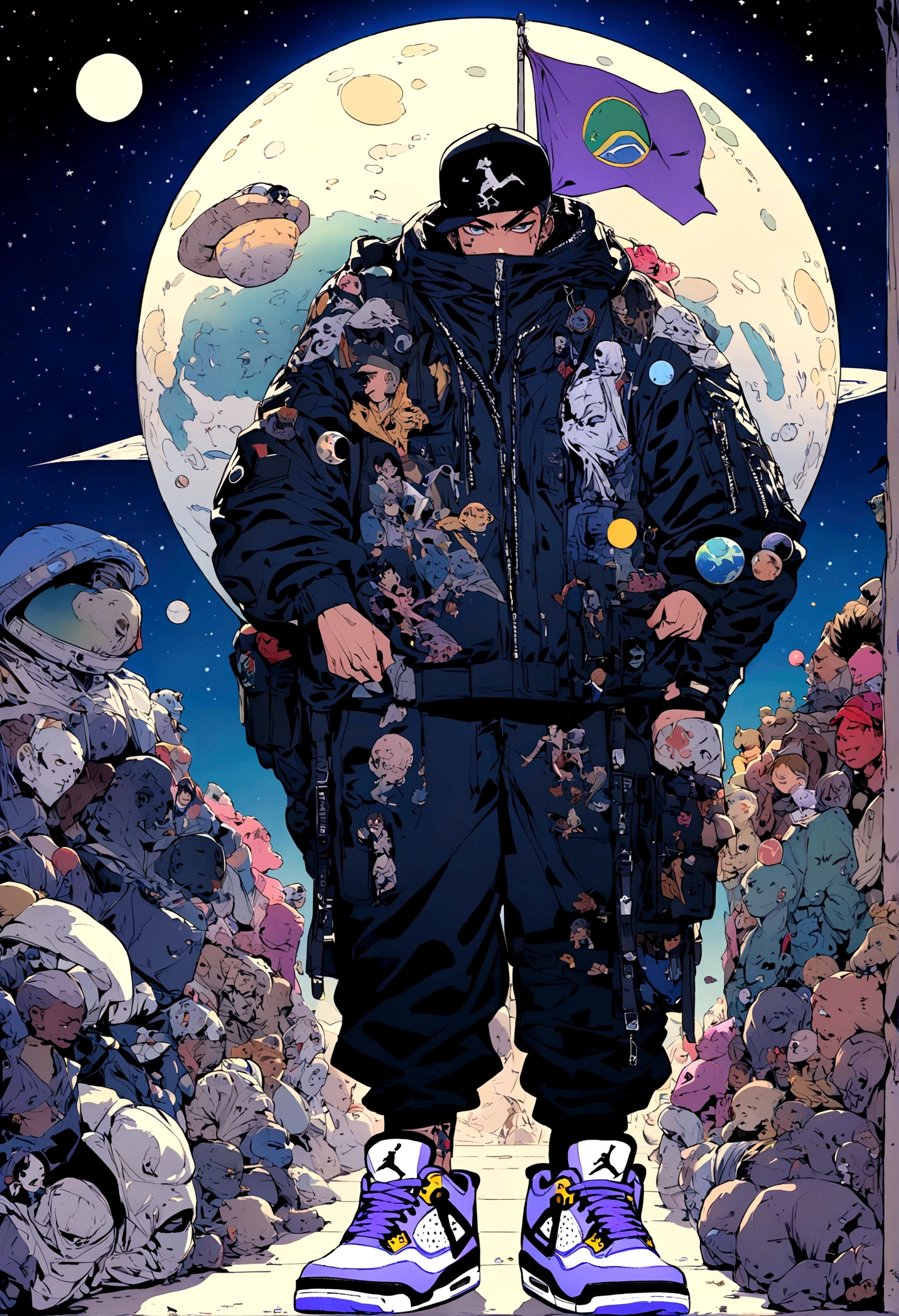 Create a standing character, facing the front, featuring , on top of the moon. featuring uma roupa gangster e escura, featuring barba preta, featuringpleta e pequena no rosto, just a piercing shining on the left eyebrow, a black cap on the head, and a Jordan 4 sneaker on the white and blue foot, without any tattoo. The planet Earth in the background behind the character, and a purple flag, marking the territory of Brazil, in space, and some stars and planets in the background.