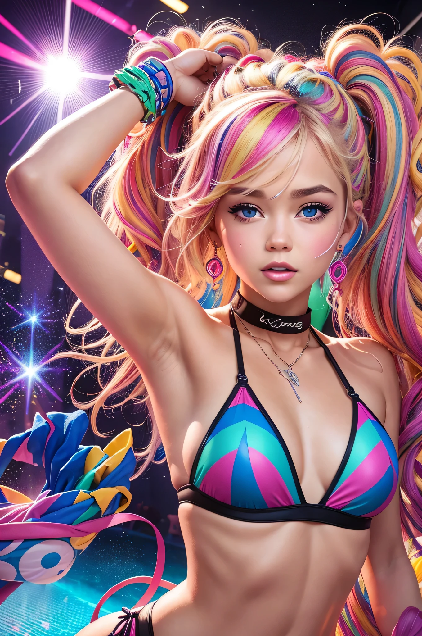 ((Brec Bassinger)) , blond woman in a bikini with a choker, wearing pearl neon bikini, colorful hair, blond hair with twintails, 
y 2 k cutecore clowncore, blonde goddess, electronic bikini, rave inspired, bold rave outfit, decora inspired, cute rave outfit, 
divine ray over her head, rave outfit, cute bikini, lone  female goddess
