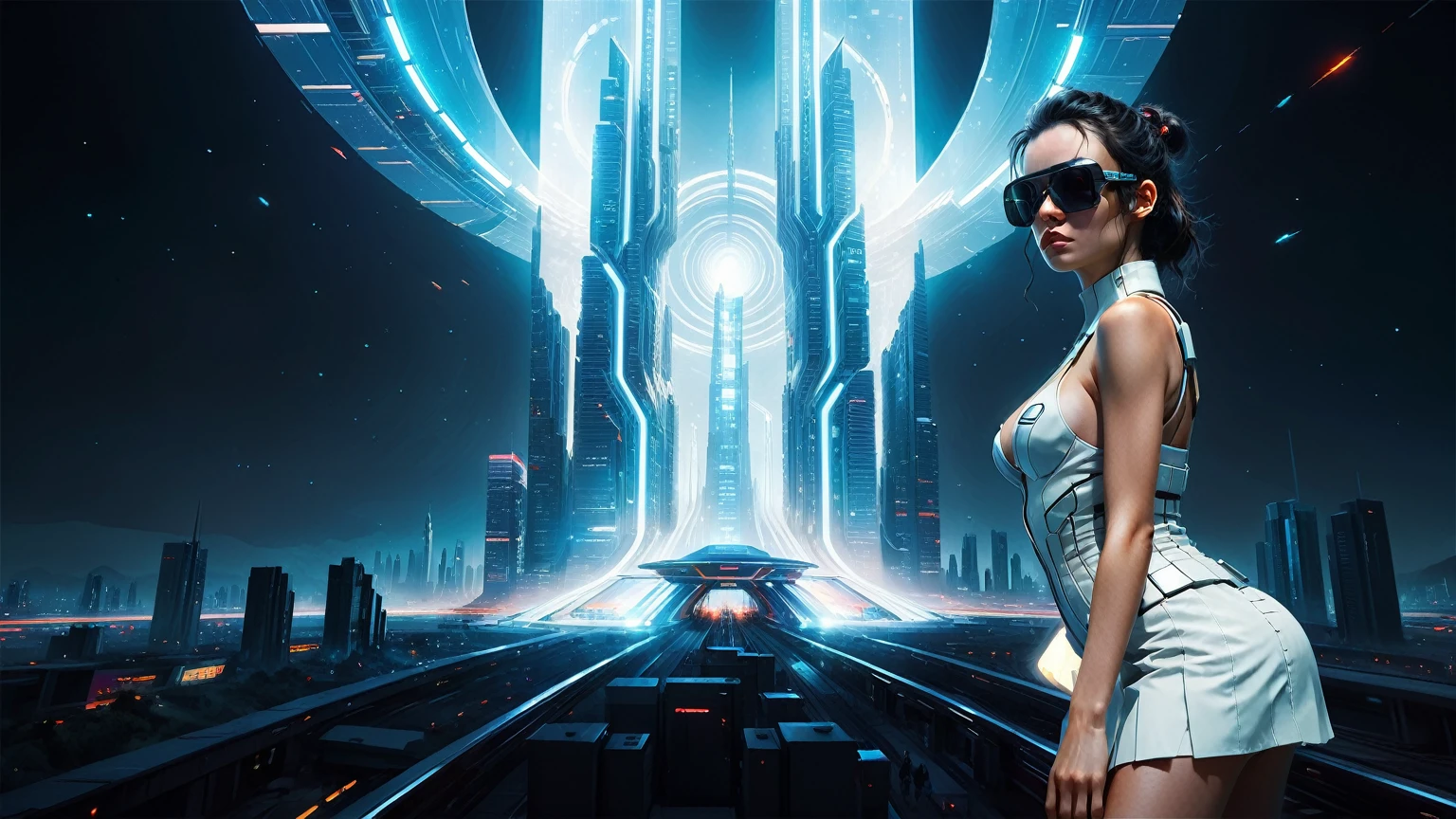 Brightly colored abstract aerial view image of a (((((futuristic railway station))))) with a spiral, a (((futuristic all-glass train))) passing by, epic beautiful space sci-fi, chaotic cinematic space rift, Greg Beeple, planets colliding, Beeple and Tim Hildebrandt, Beeple and Jean Giraud, end of the universe, (((giant glass lion sculpture))), galaxy space sci-fi, ringworld, by Mike "Beeple" Winkelmann. Matrix style, (((Matrix cascading code))), (((a futuristic twin tower skyscraper with a unique twisted design))), (((OLED GUI interfaces in the building))), at night, (((((1girl, solo))))), photo realistic, (((((((large-breast:1.2 body, cleavage:1.4))))))), (((((off broken mini sling-shirt and black sling , extreamly short pleated  exposing ))))), (((((running pose))))), (((((((matrix style black micro sunglasses))))))), ((((((((((aiming with a short gun)))))))))), (((((looking at camera))))), (((very low view))), (((((half-body thigh level medium shot))))), (((cinematic lighting))).