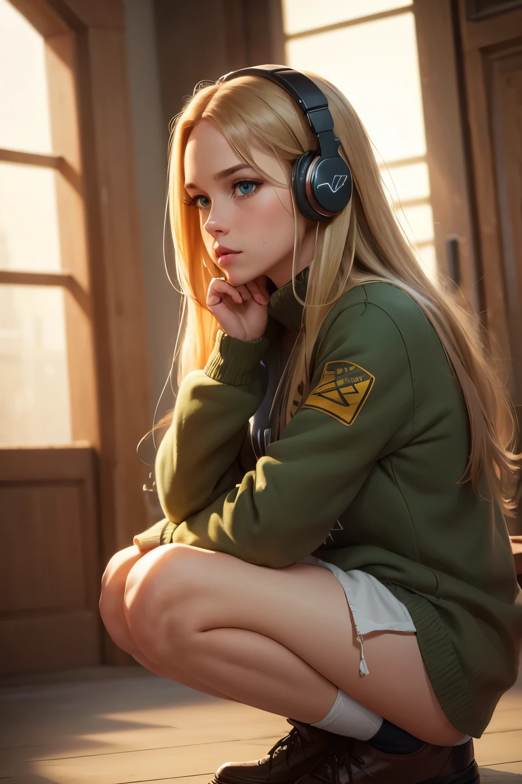 (masterpiece), (best quality, highres, highly-detailed, illustration), 1girl, solo, city, contemporary, profile picture closeup, blonde beige long hair, green eyes, beautiful detailed eyes, squatting, headphones, 8k, trending on ArtStation, featured on Pixiv