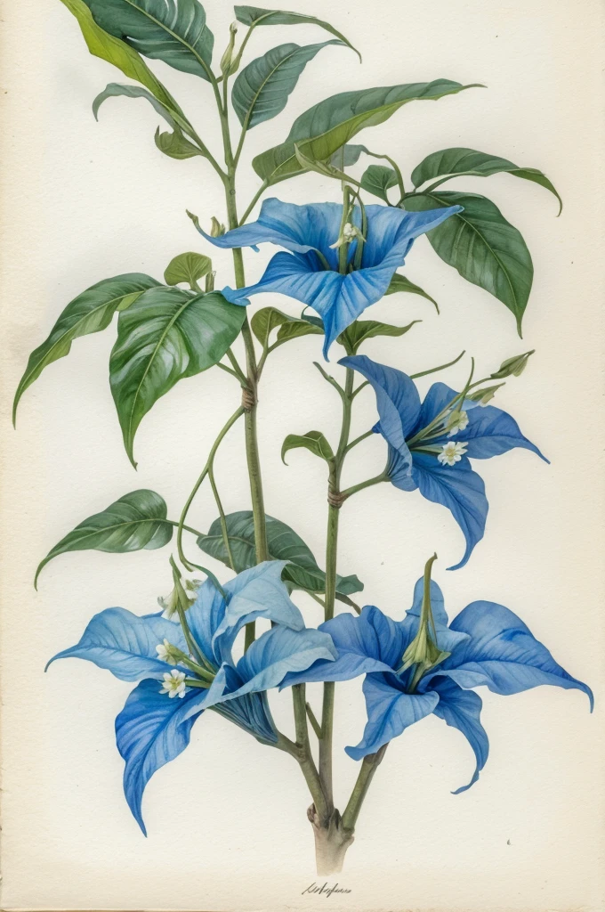 masterpiece in watercolor on white cotton paper of a pair of pendular blue flowers of brugmansia, with a branch, and some leaves, 