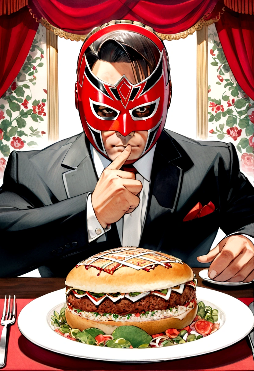 Lucha libre masked man, buff, wearing a suit and enjoys a nice meal. Album cover called "Ricky Meatloaf"