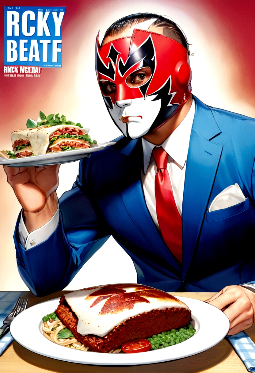 Lucha libre masked man, buff, wearing a suit and enjoys a nice meal. Album cover called "Ricky Meatloaf"