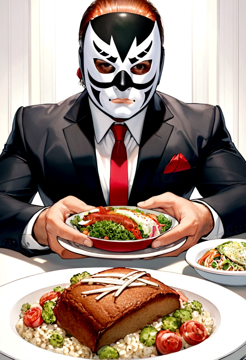 Lucha libre masked man, buff, wearing a suit and enjoys a nice meal. Album cover called "Ricky Meatloaf"