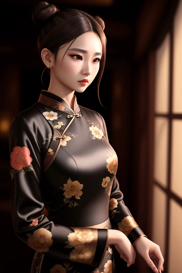1woma, brown hair, brown eyes, hair bun, blurry, lips, cheongsam, black silk clothes, floral print, dramatic lighting, depth of field, photon mapping, radiosity, physically-based rendering,