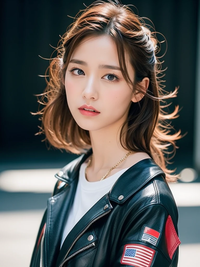 Clothing is a leather jacket、The color of the jacket is black,The collar is large