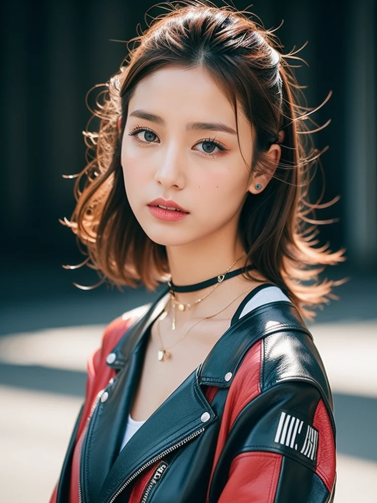 Clothing is a leather jacket、The color of the jacket is black,The collar is large