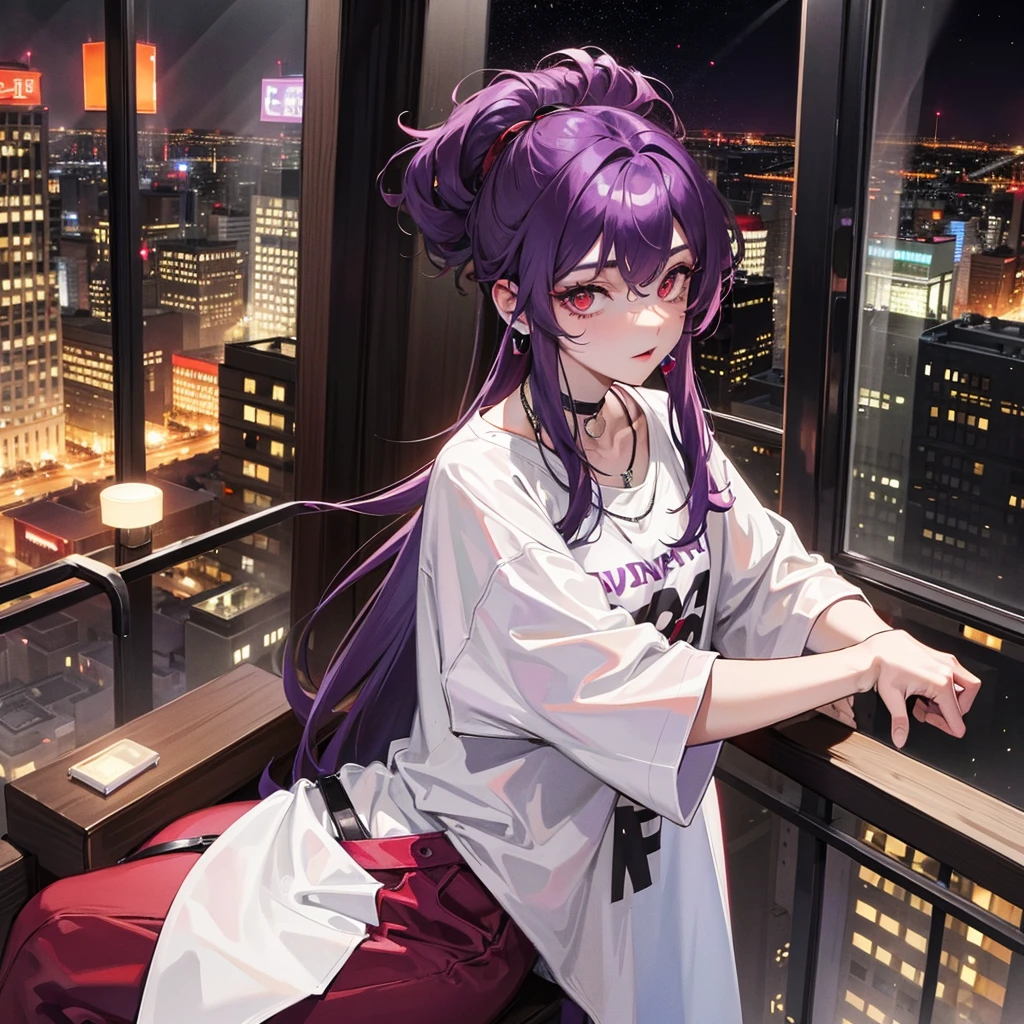 A gentleman,with red eyes and purple hair with wolf cut hairstyle,wearing oversize t-shirts,wearing earrings and necklace,at hotel look at city view from window