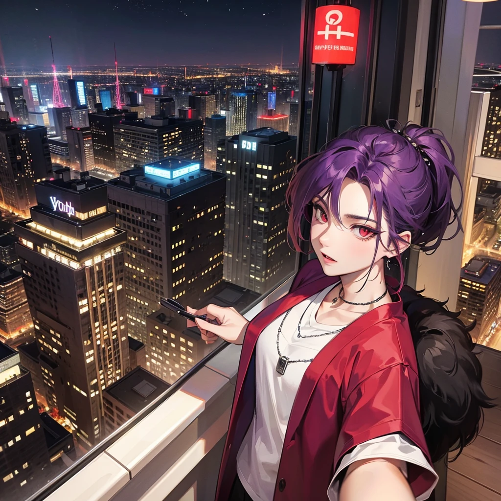A gentleman,with red eyes and purple hair with wolf cut hairstyle,wearing oversize t-shirts,wearing earrings and necklace,at hotel look at city view from window