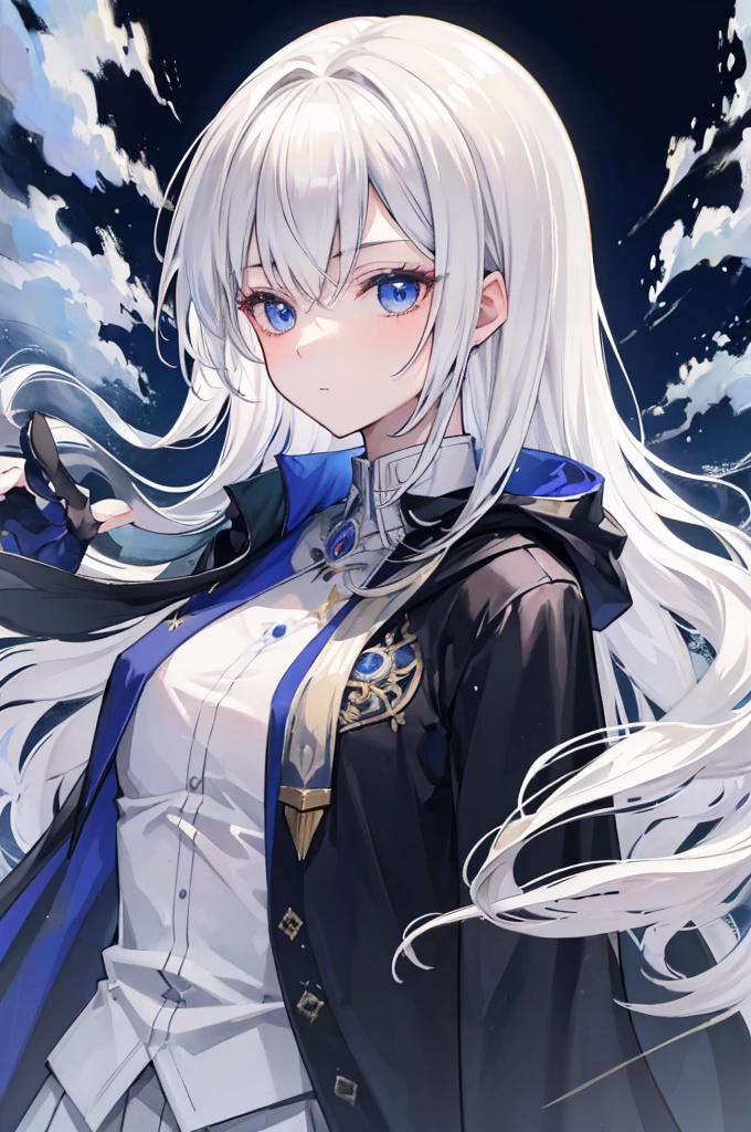 (masterpiece, highest quality:1.2), highest quality, masterpiece, high resolution, Anime style, portraiture, male, man, long hair, Silver hair, platinum blond hair, uniform for men, oversized coat, disproportionate cloak, Feminine appearance, dark blue eyes, magic, magic square, magician