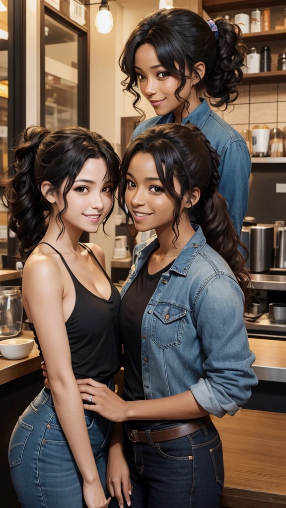 Samatoki from Hinopsis micphone is very happy with a girl with black eyes, BROWN SKIN, curly hair that is tied like a ponytail and she is wearing a brown top with blue jeans, in a coffee shop