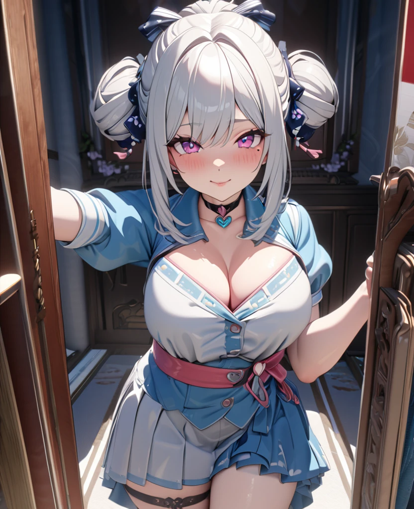 masterpiece, best quality, highly detailed, high resolution, expensive resolution, high resolution, 4K, 8k, uniform 8k wallpaper, highly detailed CG, masterpiece, 2D, 3D, beautiful details, depth, fine texture, best quality: 1.3, perfectly focused, crispy. skin, him, very cute anime girl, Her name is Mei, idol, brown double hair buns wearing expensive, mole under eye, looking at the viewer, cowboy short, expensive, blush, mole, plump lips, heart, pink eyes, heart shaped choker