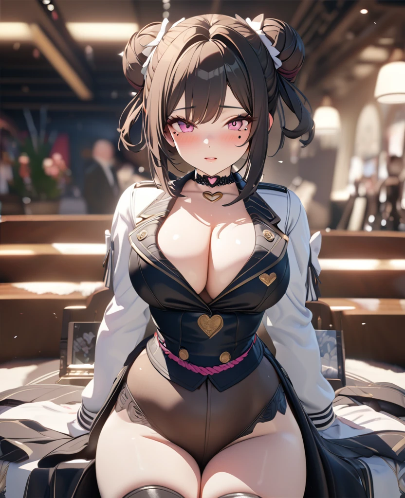 masterpiece, best quality, highly detailed, high resolution, expensive resolution, high resolution, 4K, 8k, uniform 8k wallpaper, highly detailed CG, masterpiece, 2D, 3D, beautiful details, depth, fine texture, best quality: 1.3, perfectly focused, crispy. skin, him, very cute anime girl, Her name is Mei, idol, brown double hair buns wearing expensive, mole under eye, looking at the viewer, cowboy short, expensive, blush, mole, plump lips, heart, pink eyes, heart shaped choker