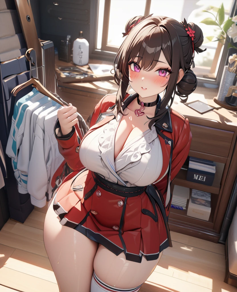 masterpiece, best quality, highly detailed, high resolution, expensive resolution, high resolution, 4K, 8k, uniform 8k wallpaper, highly detailed CG, masterpiece, 2D, 3D, beautiful details, depth, fine texture, best quality: 1.3, perfectly focused, crispy. skin, him, very cute anime girl, Her name is Mei, idol, brown double hair buns wearing expensive, mole under eye, looking at the viewer, cowboy short, expensive, blush, mole, plump lips, heart, pink eyes, heart shaped choker
