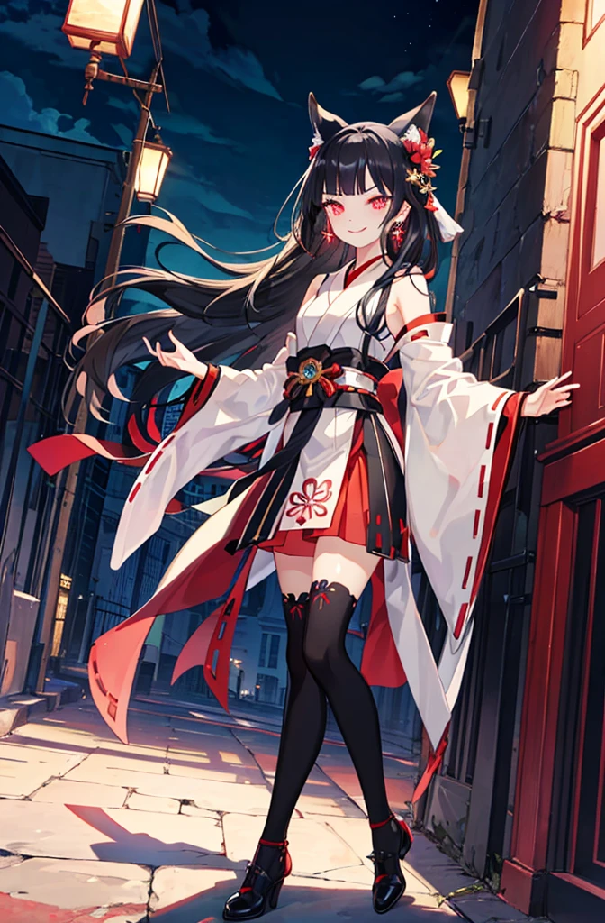 [(detailed Background:1.4)::5],Original,(Illustration:1.1),(Best Quality),(masutepiece:1.1),(the Extremely Detailed CG Unity 8K Wallpapers:1.1), (Colorful:0.9),(mid-shot:0.95),(very detailed beautiful full body),Dynamic Angle,(Solo:1.2), (girl),(((Adult))), (Detailed beautiful eyes:1.15), (Beautiful face:1.15), (glowing red eyes:1.25////),(black hair),paleskin，Pink pupils，Red bow，amaryllis，((Evil smile))，Crystal earrings on the ears，Raven feather skirt,full body,wearing miko thighhighs,((black long hair)),black long hair,night,slim body,thin legs,slender,