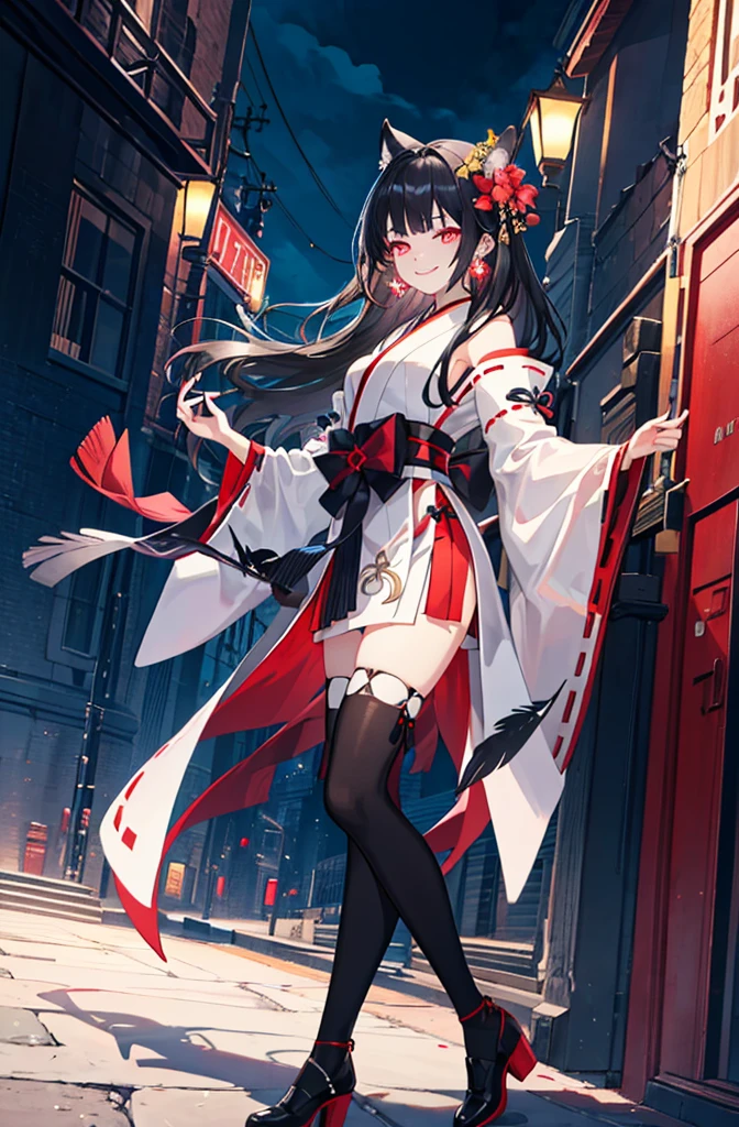 [(detailed Background:1.4)::5],Original,(Illustration:1.1),(Best Quality),(masutepiece:1.1),(the Extremely Detailed CG Unity 8K Wallpapers:1.1), (Colorful:0.9),(mid-shot:0.95),(very detailed beautiful full body),Dynamic Angle,(Solo:1.2), (girl),(((Adult))), (Detailed beautiful eyes:1.15), (Beautiful face:1.15), (glowing red eyes:1.25////),(black hair),paleskin，Pink pupils，Red bow，amaryllis，((Evil smile))，Crystal earrings on the ears，Raven feather skirt,full body,wearing miko thighhighs,((black long hair)),black long hair,night,slim body,thin legs,slender,