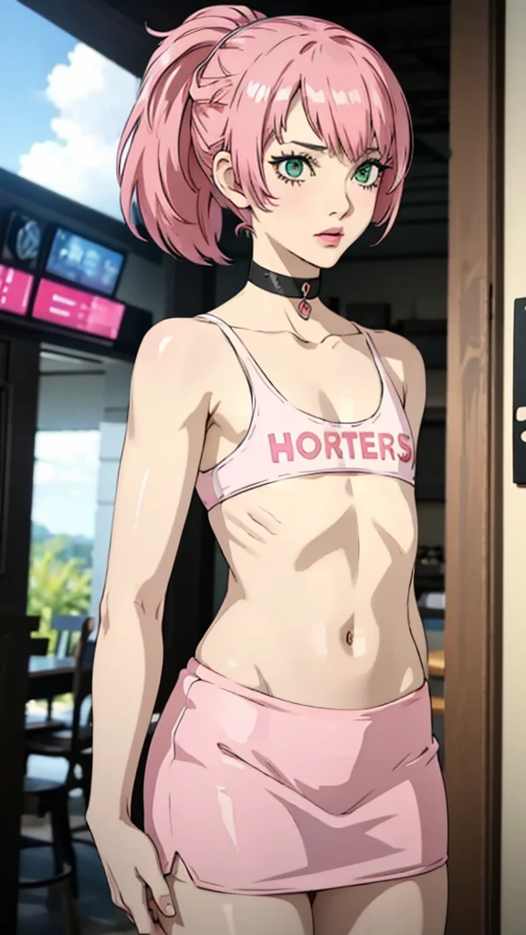 1 girl, green eyes, very Short hair, pink choker, lipstick, Shy, pink hair , tomboy Pixie haircut, femboy hooters, face portrait , flat chest, ponytail