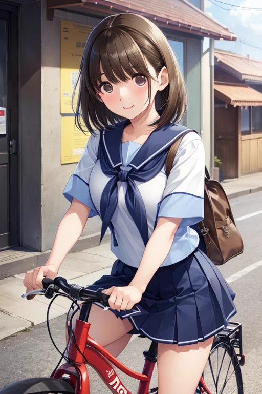 anegasaki nene、Shiny brown hair, short hair, Beautiful brown eyes、smile、Sparkling eyes, (Fine grain)、Ultra-detailed eyes、Highly detailed face, Highly detailed eyes,

Short-sleeved white sailor suit、Navy blue mini pleated skirt、Very short mini skirt、Bare thighs、((perfect bike))

(masterpiece, Highest quality:1.2), reality、(One Girl Riding a Bicycle), alone、high school girl、、(NO BAG)、(whole)、(From diagonally ahead)、Seaside Road