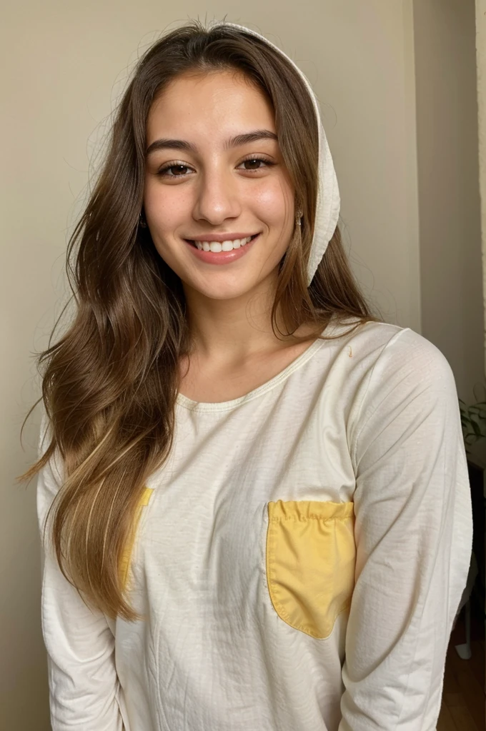 20YO, small nose, one women,attractive, Jordanian, Arab, Bright Yellow shirt, cute smile, cute face, white teethes, skinny face, light brown eyes, black/blonde long hair, modest