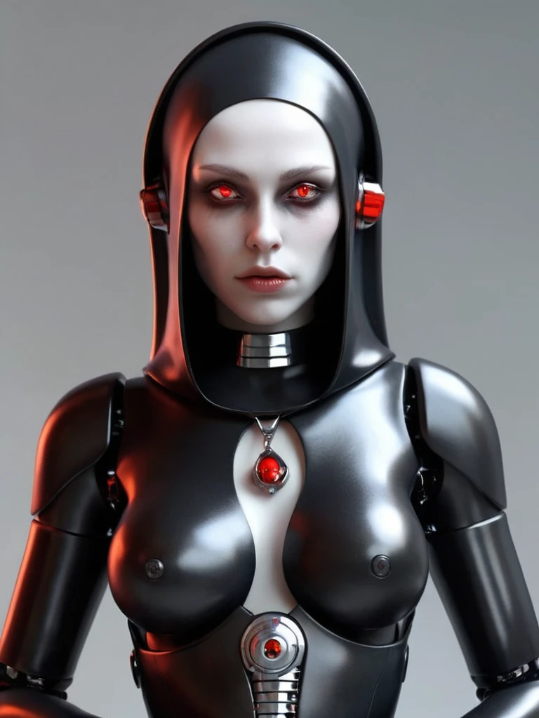 ral-opal, meahophontron, full body, woman robot face, devil nun, negro, looking at camera, body nun clothes, red eyes, primer plano looking at camera, realist, beautifull woman, sexy face, black clothes, gray and red.