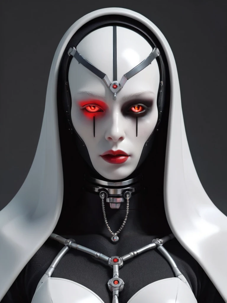 ral-opal, meahophontron, full body, woman robot face, devil nun, negro, looking at camera, body nun clothes, red eyes, primer plano looking at camera, realist, beautifull woman, sexy face, black clothes, gray and red.