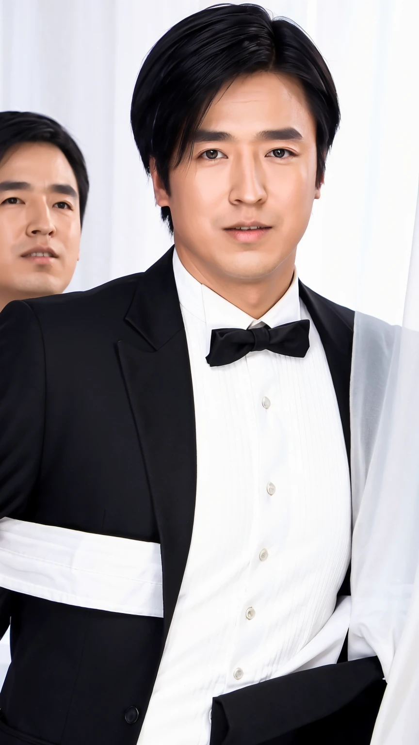 35-year-old man， Soft headlights，High-density imaging，((short hair))，((Black suit))，((White shirt))，((Various dynamic poses))，((Half-length photo))，((Background is white curtain))，best quality，masterpiece，（Soft colors：1.2）