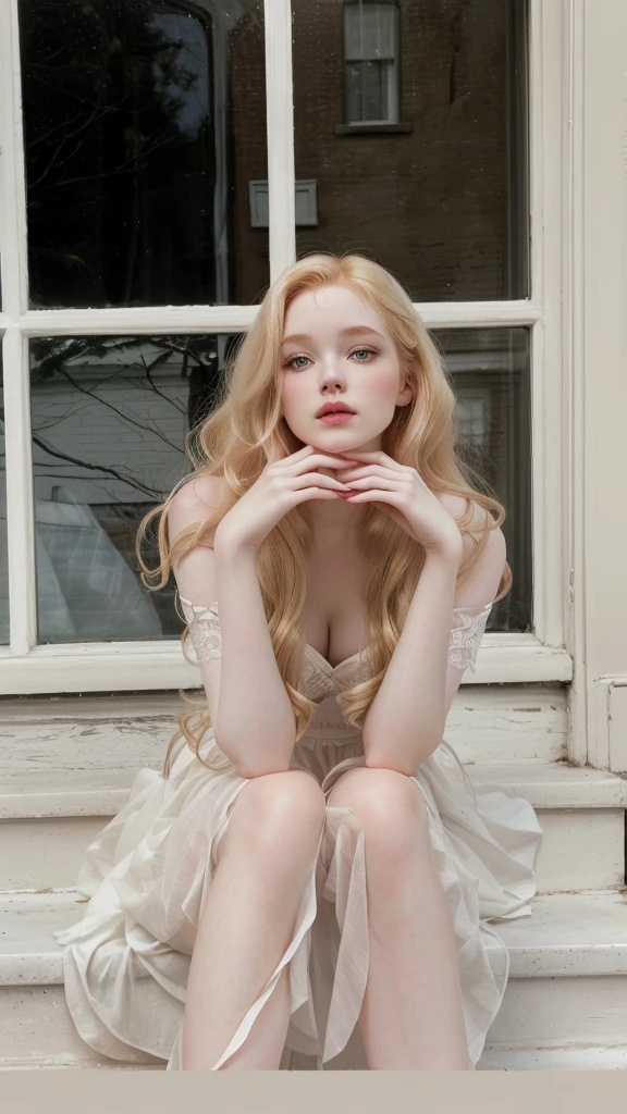 blonde woman sitting on the steps in front of a window with her hands on her chin, fair and pale skin!!, skin pale as ivory, fair skin curly blonde hair, with pale skin, fada ellie bamber, beautiful pale skin, ivory pale skin, pale woman, a striking young ethereal figure, soft, golden skin, porcelain pale skin, pale gothic beauty, pale and glowing skin
