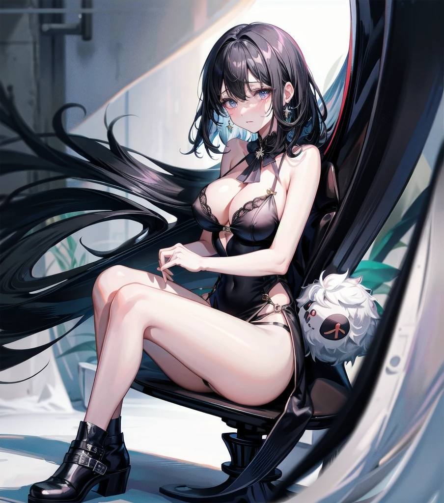 full body, delicate  features, big tits, medium hair, black hair, tearful mole, earring, 