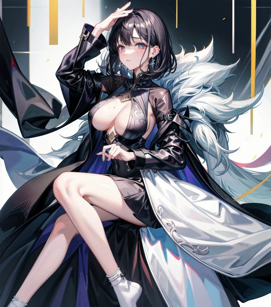 full body, delicate  features, big tits, medium hair, black hair, tearful mole, earring, 