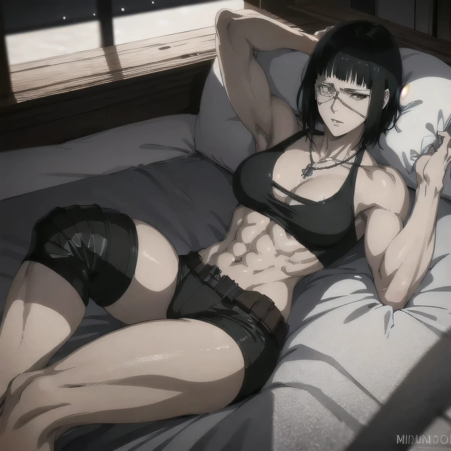 (best quality,ultra-detailed,realistic:1.37),musclaur badass girl with sculpted body with preview her musclaur body, full review of the female character face and body, intense expression, strong and confident posture, studio lighting, vivid colors, physiologically-based rendering, grungy texture, rugged background, dust particles in the air, commanding presence, professional, powerful, gritty aesthetics,,Valmet،short hair,necklace,Light reflection on shoulders،wearing military male underwear and midriff tank top, tattoos on shoulders،lying in bed,eyepatch,Shining muscles,Shining skin,reviewing from behind,sleeping,close eyes,deep sleeping,lying down,The pillow-armer