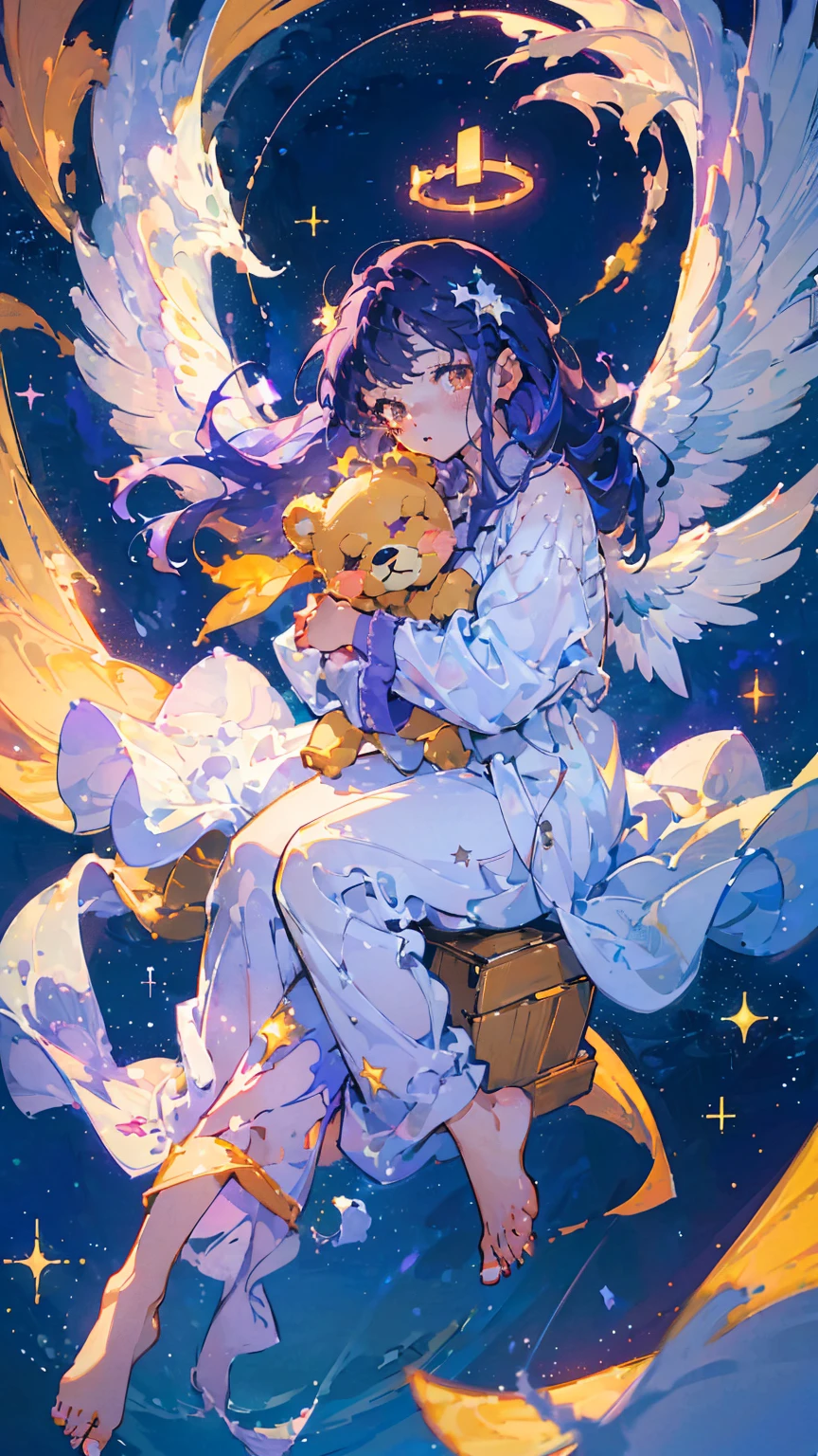 (woman\(13 years old,A star-like halo on the head。, Angel Girl,Purple Hair,Yellow Eyes, White skin, I'm wearing pastel colored pajamas,The girl looks sleepy,While floating in the air,hugging a teddy bear,barefoot,\) Beautiful night sky、Sleepily floating in the air, (I&#39;m in the beautiful outdoors, A beautiful star is shining,He seemed to be very sleepy., mysterious, full moon,(夜空には大きなfull moon),quality\(8K,非常に精細なCGユニットのwallpaper, masterpiece,High resolution,top-quality,top-quality real texture skin,Surreal,Increase the resolution,RAW Photos,最高quality,Very detailed,wallpaper,Cinema Lighting,Ray-tracing,Golden Ratio\),Long Shot,Overall, it looks ephemeral.,The depiction range is from the waist up,qualityの高い顔の描写,High-resolution facial depiction,ephemeral,Low saturation,1 person