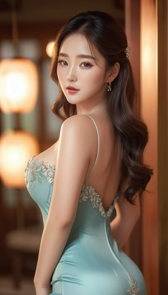 full body shot, A beautiful Korean woman, a young woman, big breasts, With curves, a stunning tight dress, detailed facial features, long eyelashes, perfect skin, beautiful eyes, delicate posture, soft background, sereno, atmospheric lighting, warm and vibrant colors, photorealistic, 8k, Very detailed, Masterpiece, Dynamic full body shot