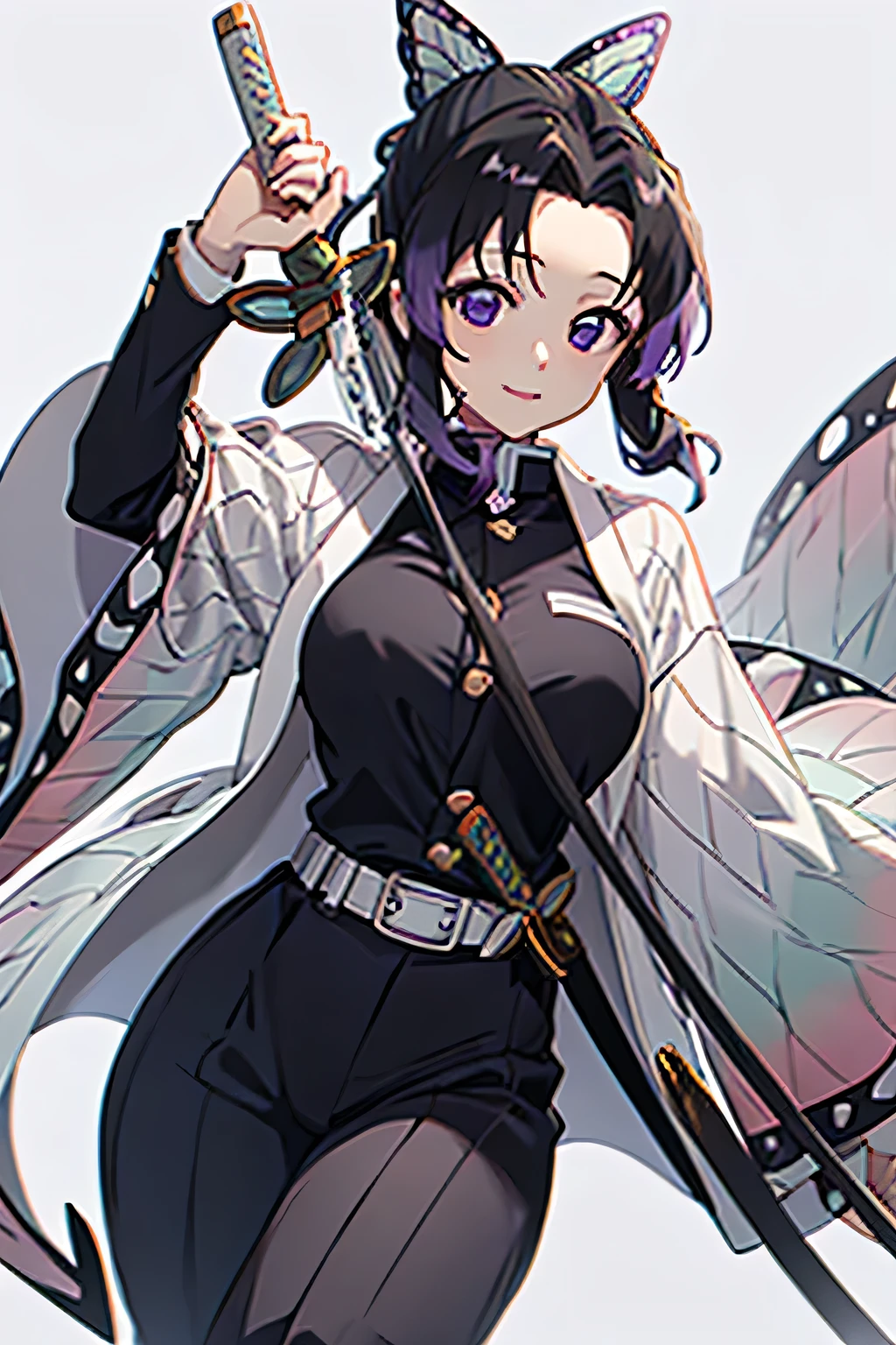 shinobu, cute, large breasts, demon slayer uniform, black trousers, close camera view