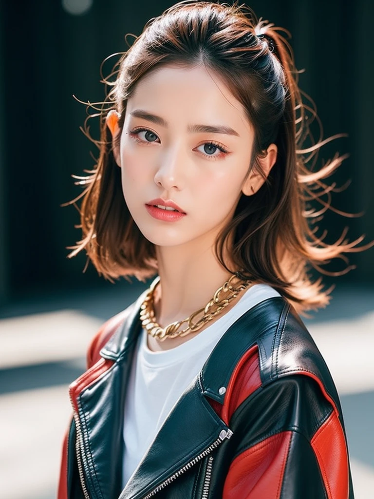 Clothing is a leather jacket、The color of the jacket is black,The collar is large