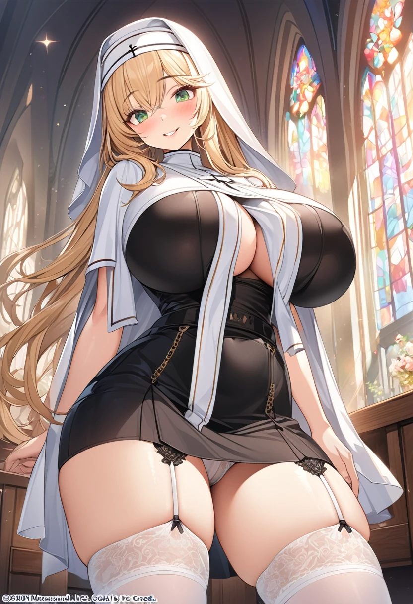 masterpiece, Highest quality, Official Art, Highly detailed CG Unity 8k wallpaper, Detailed Background, (Handcrafted by Guido Daniele), (Finger details), Mature Woman1, (Curvy), (Nuns),  (standing in church), (Nuns gown:1.12), (Chest curtain:1.4), (Nuns skirt:1.11), (White Garter Straps Garter Belt:1.12), (Blonde long hair:1.12), (Hair intake:1.12), (Green Eyes:1.2), blush, (Loving smile, holy smile), ((Huge breasts:1.5、Sagging breasts:1.5、Long Breasts:1.3、sagging breast:1.5)), Tight waist, Shiny skin, (Cross Necklace), indoor, (Sacred Scene), (church:1.11), (Sunlight streaming through stained glass),Mature Woman、((sit、足を広げてsit))、Monastic Clothes、White panties、Photographed from diagonally in front