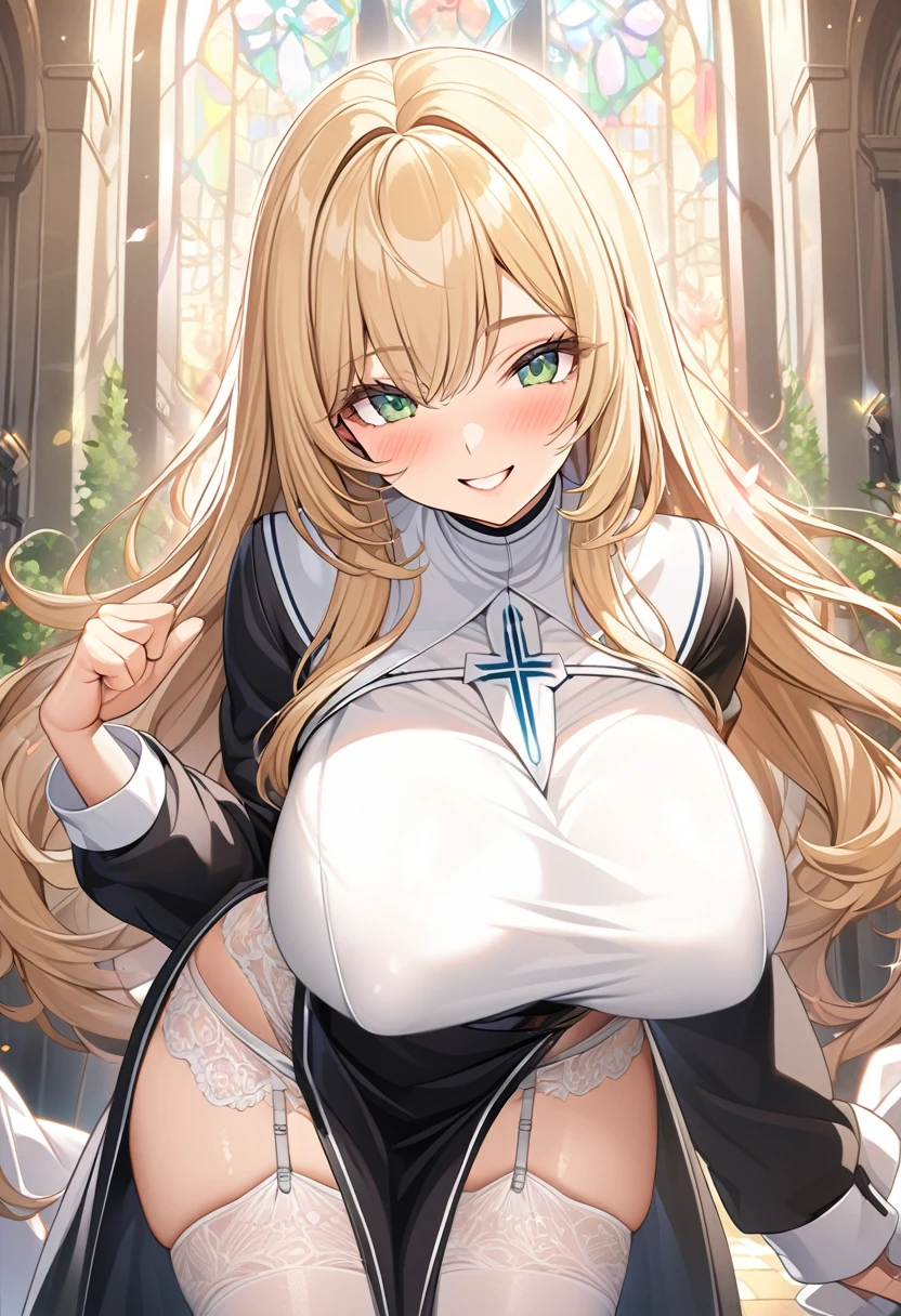 masterpiece, Highest quality, Official Art, Highly detailed CG Unity 8k wallpaper, Detailed Background, (Handcrafted by Guido Daniele), (Finger details), Mature Woman1, (Curvy), (Nuns), (standing in church), (Nuns gown:1.12), (Chest curtain:1.4), (Nuns skirt:1.11), (White Garter Straps Garter Belt:1.12), (Blonde long hair:1.12), (Hair intake:1.12), (Green Eyes:1.2), blush, (Loving smile, holy smile), ((Huge breasts:1.5、Sagging breasts:1.5、Long Breasts:1.3、sagging breast:1.5)), Tight waist, Shiny skin, (Cross Necklace), indoor, (Sacred Scene), (church:1.11), (Sunlight streaming through stained glass),Mature Woman、((sit、足を広げてsit))、Monastic Clothes、White panties、Photographed from diagonally in front