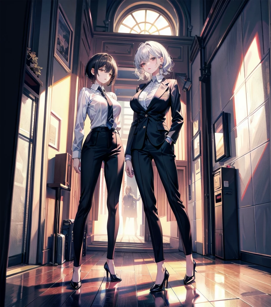 absurdres, RAW photo, extremely delicate and beautiful, masterpiece, Best Quality, ultra high resolution, 16k, hyperrealistic, ultra-detailed, (perfect ), super Detailed skin, perfect figure, Very detailed CG 8k wallpaper, in her 20s, very Slim body, narrow waist, very small head, very small face, delicate facial features, tearful mole, earring, thin legs, (very huge round ), (3 girls), full body shot, short hair, wavy hair, (((business suit))),