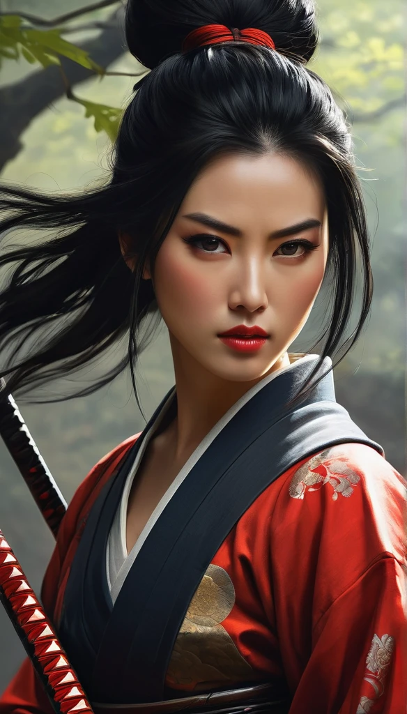 Samurai/warrior/Samurai.A female warrior image、The evil spirit of black hair shocks the painting of the extremely beautiful warrior, High-end, exquisite and beautiful figure paintings, , digital painting style, A beautiful artistic illustration, beautiful gorgeous digital art, (best quality,4K,8K,high resolution,masterpiece:1.2),super detailed,(current,photocurrent,photo-current:1.37)