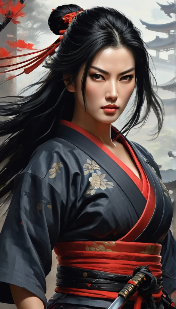 Samurai/warrior/Samurai.A female warrior image、The evil spirit of black hair shocks the painting of the extremely beautiful warrior, High-end, exquisite and beautiful figure paintings, , digital painting style, A beautiful artistic illustration, beautiful gorgeous digital art, (best quality,4K,8K,high resolution,masterpiece:1.2),super detailed,(current,photocurrent,photo-current:1.37)