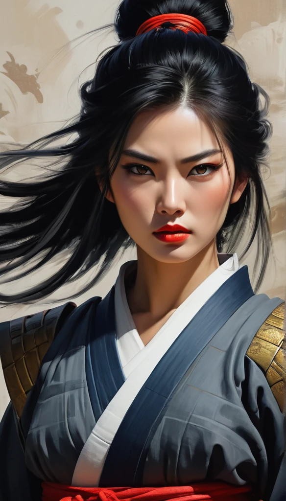 Samurai/warrior/Samurai.A female warrior image、The evil spirit of black hair shocks the painting of the extremely beautiful warrior, High-end, exquisite and beautiful figure paintings, , digital painting style, A beautiful artistic illustration, beautiful gorgeous digital art, (best quality,4K,8K,high resolution,masterpiece:1.2),super detailed,(current,photocurrent,photo-current:1.37)