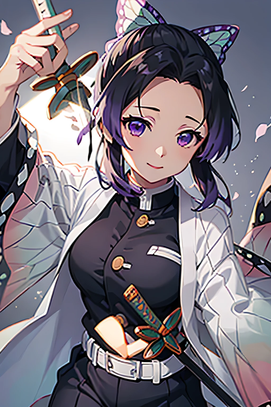 shinobu, cute, large breasts, demon slayer uniform, black trousers
