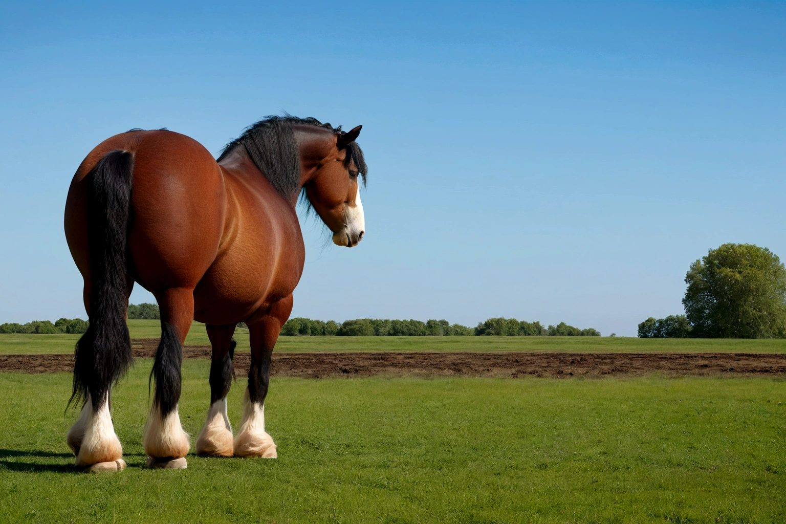 full side view of a big fat Clydesdale horse mare with a massive bum and a very short tail. horse facing horizon . BBW very full figured very dark skinned BBW nude African woman riding horse. flat grass meadow. looking to horizon . a single huge pile of steaming horse dung on the ground behind horse. cloudless blue sky.